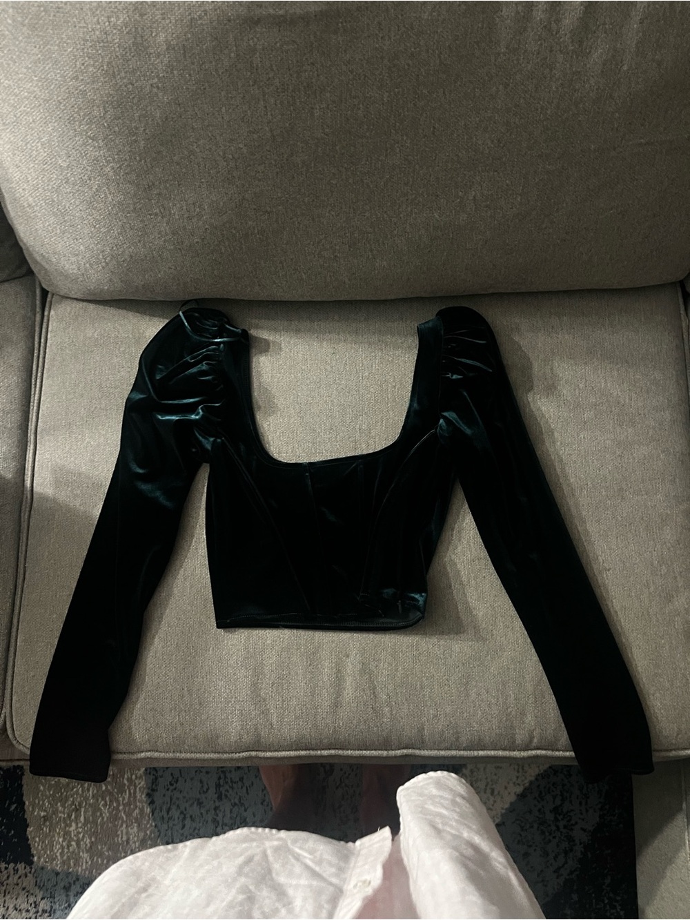 ZARA Emerald Green Velvet Long-Sleeve Square-Neck Crop Top